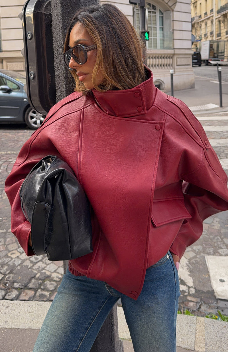 Arianna Funnel Neck PU Jacket Red