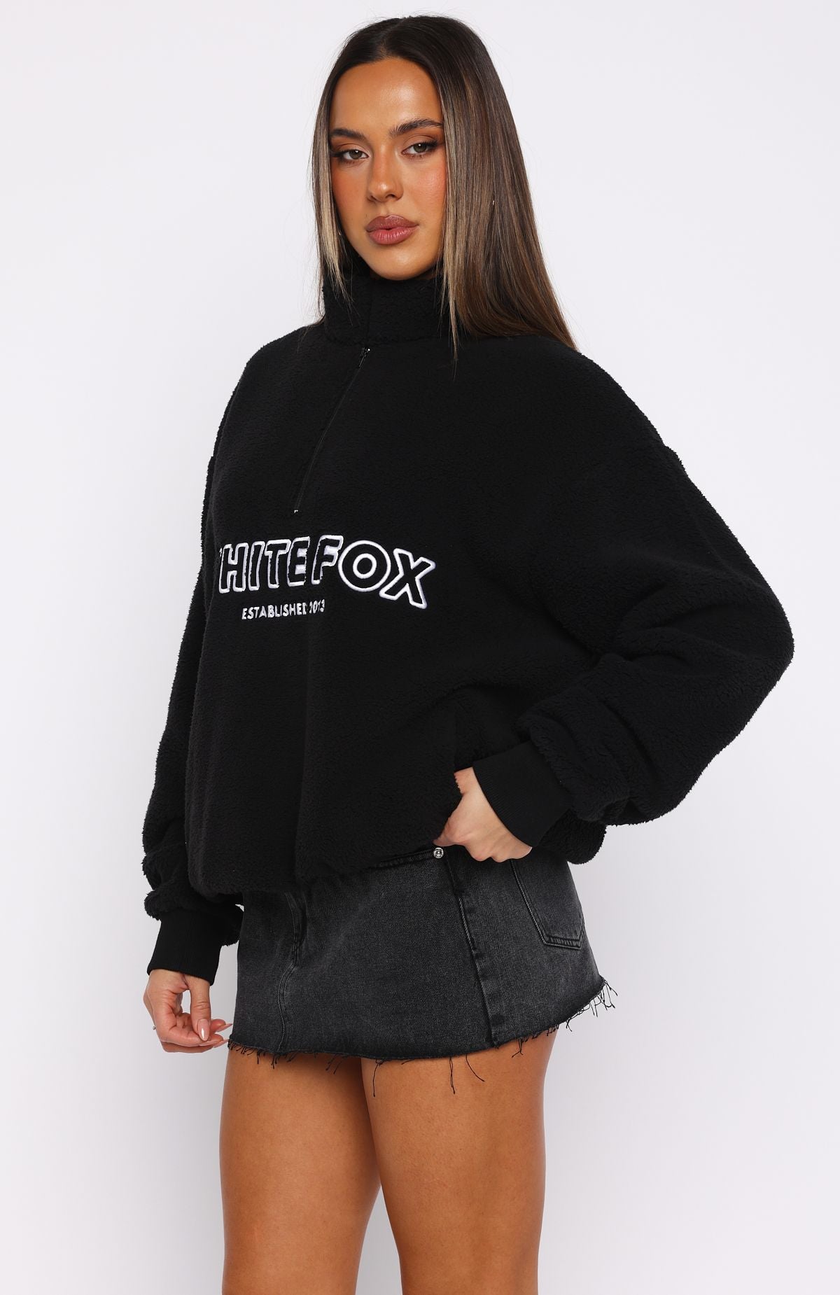 Hard To Stay Focused Teddy Borg Zip Front Sweater Black | White