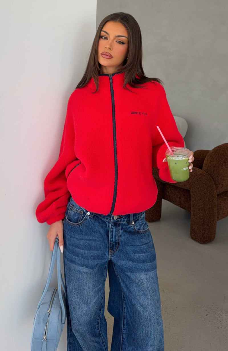 Calm Before The Storm Zip Front Fleece Sweater Red