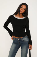 Cuddle Up Lace Trim Long Sleeve Top Black