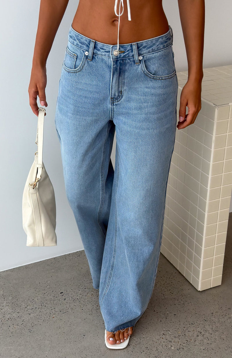 Feminine Instinct Mid Rise Wide Leg Jeans Washed Mid Blue
