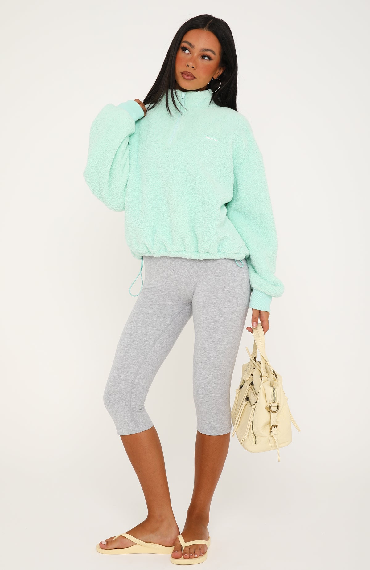 Figure It Out Later Fleece Quarter Zip Sweater Icy Mint | White