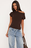 Finding Time Off Shoulder Knit Top Dark Chocolate