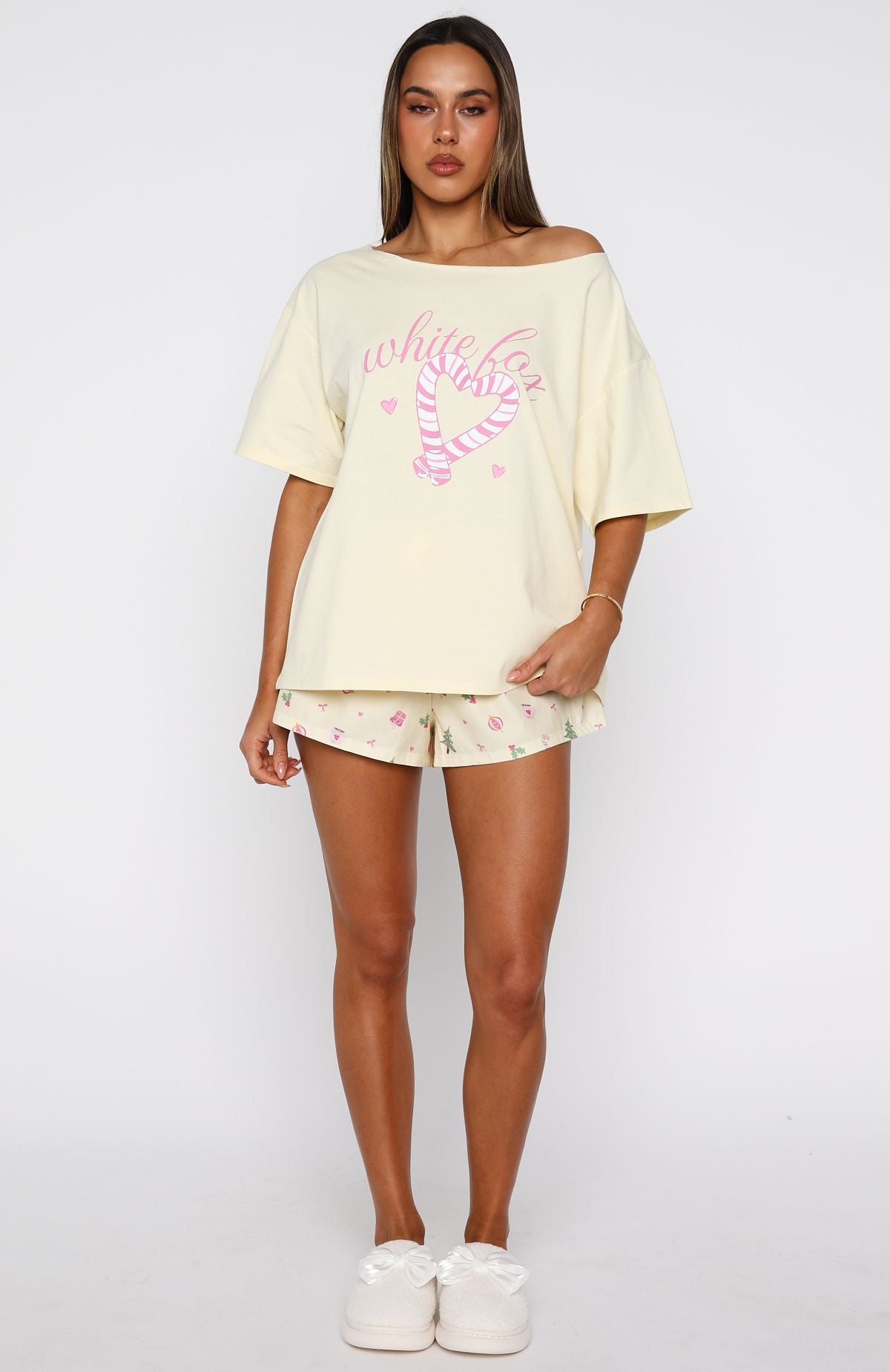 Sweetheart Pyjama Off Shoulder Tee Lemon | White Fox Boutique US