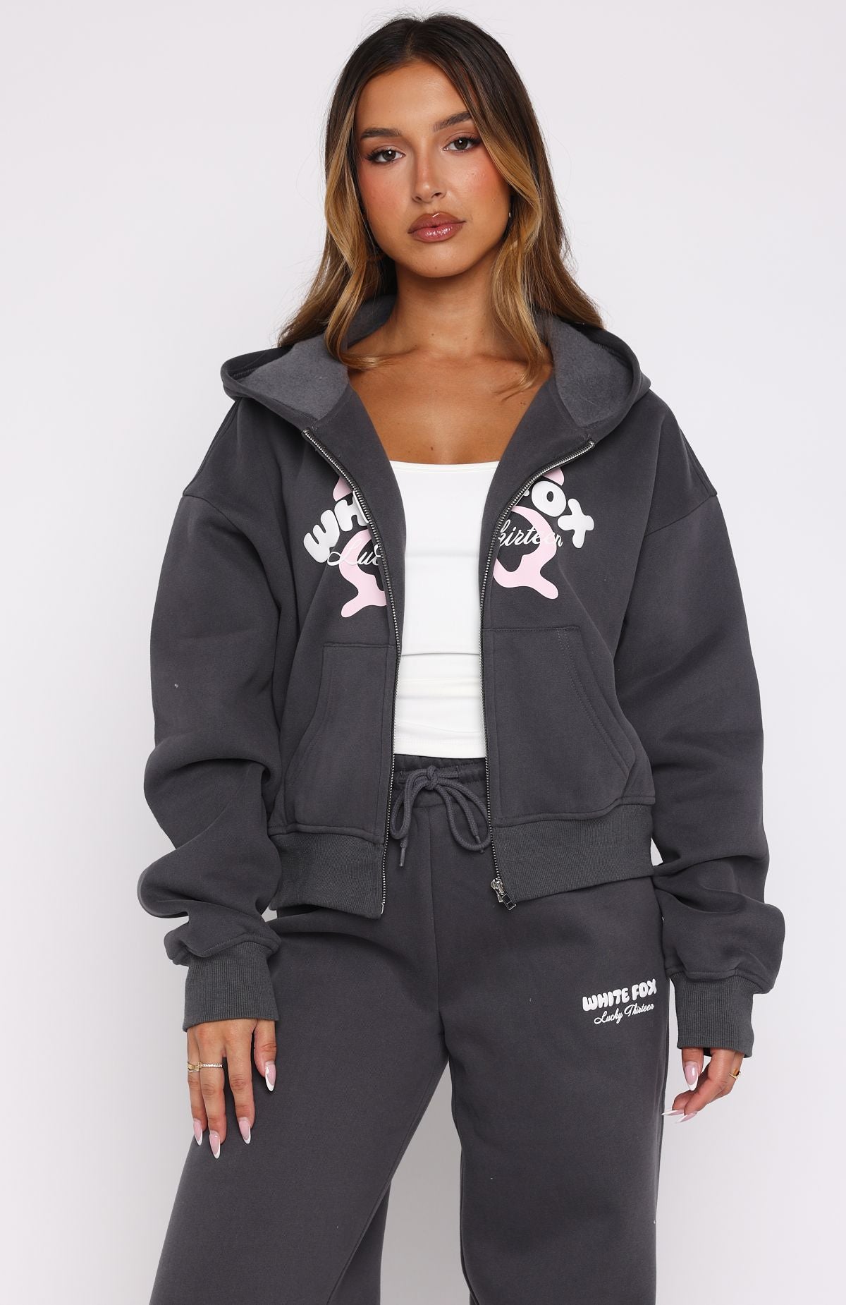 Lucky Thirteen Audrina Boxy Zip Front Hoodie Volcanic | White Fox