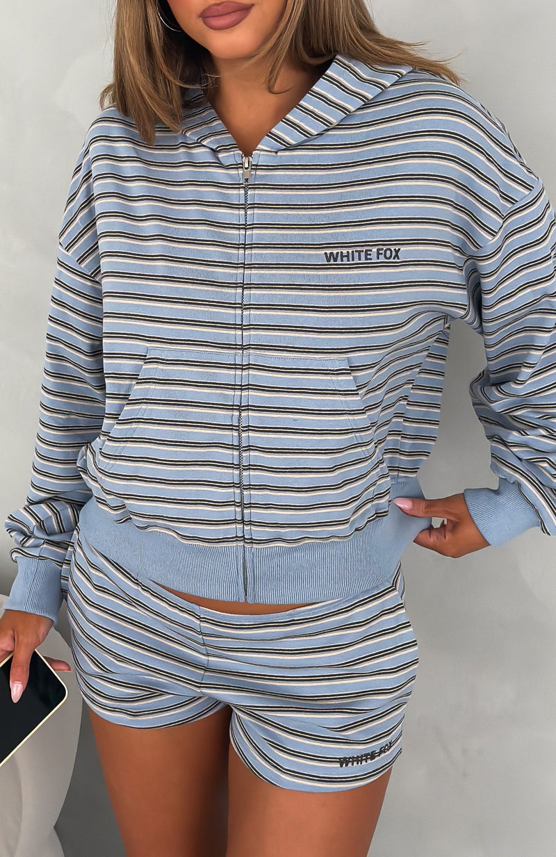 Looking Back Boxy Zip Front Hoodie Blue/Chocolate Stripe