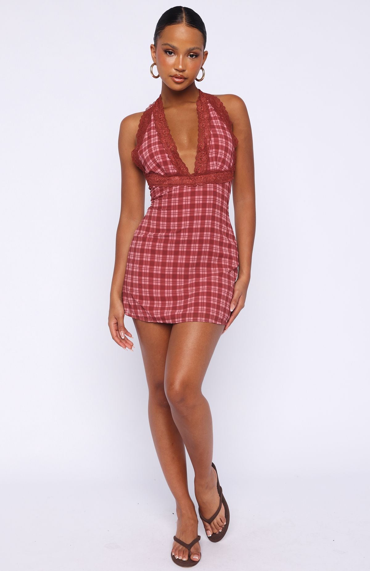 checkered short dress Camel Plaid Sleeveless Bow Detail Short Dress