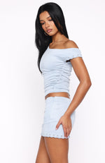 Sweetest Love Faux Suede Off Shoulder Top Blue