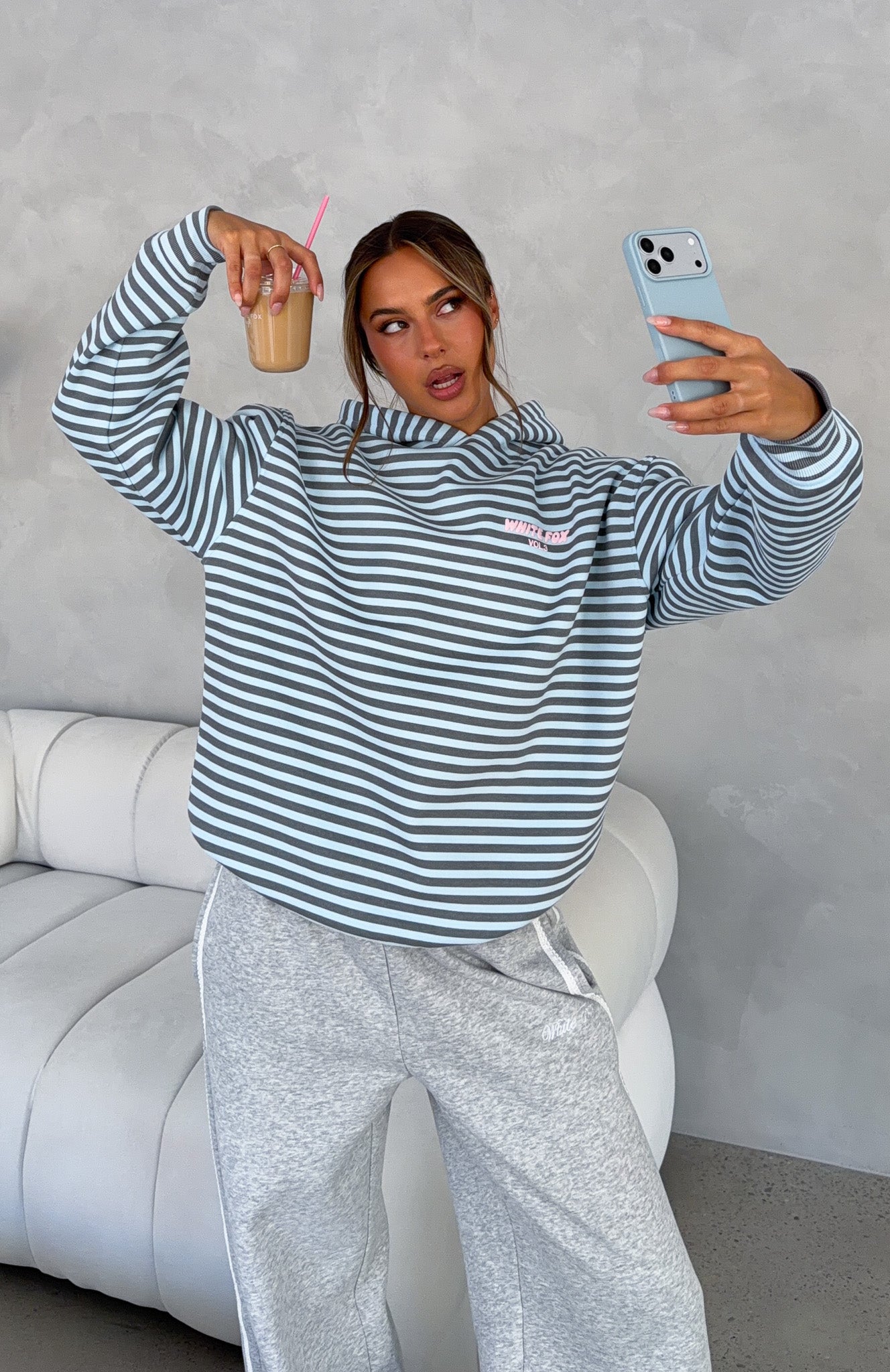 Offstage Striped Oversized Hoodie Blue/Charcoal Stripe | White Fox