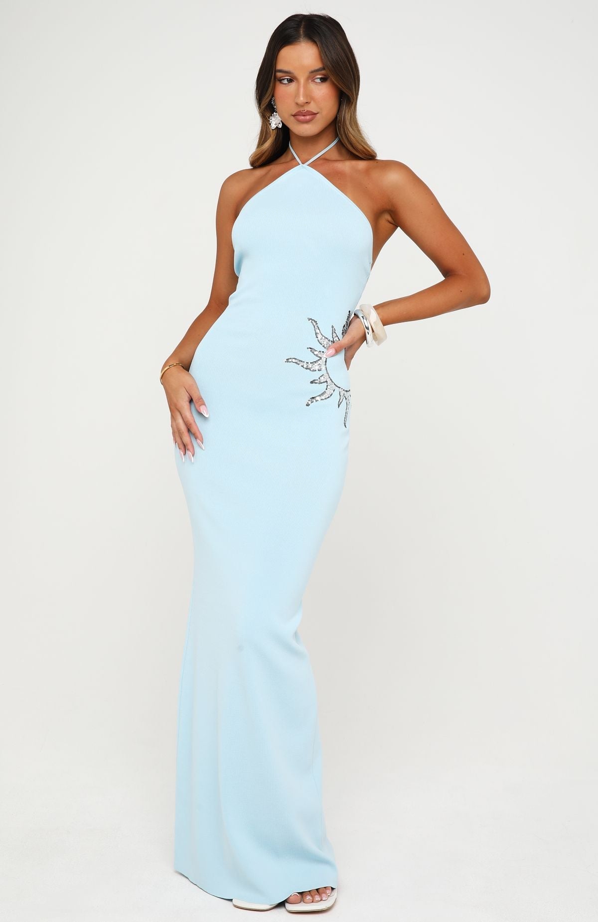 Sunflare Knit Maxi Dress Ice Blue | White Fox Boutique US