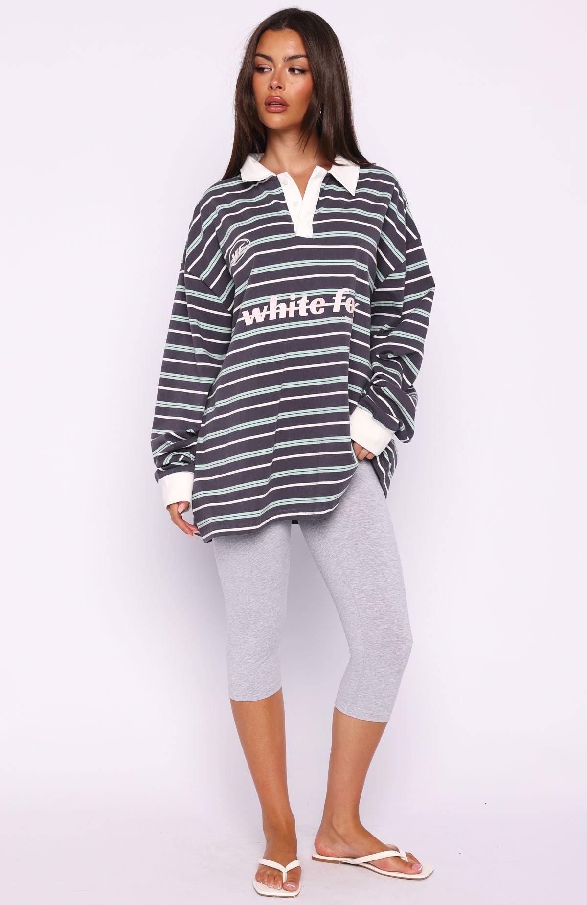 Gentle Affection Long Sleeve Rugby Shirt Grey/Mint Stripe | White