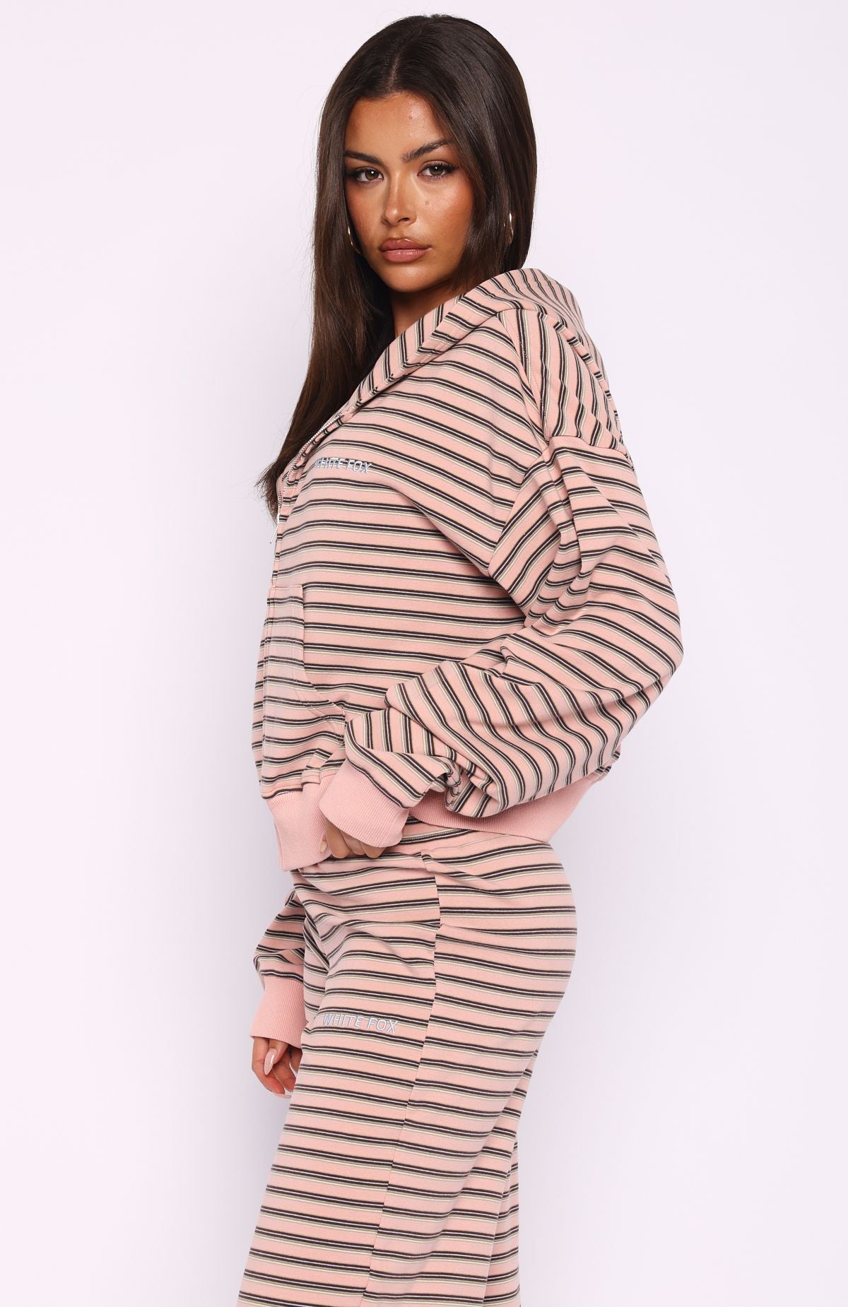 Looking Back Boxy Zip Front Hoodie Pink Stripe | White Fox Boutique US