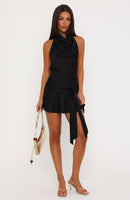 Sharp Sweetness Satin Halter Mini Dress Black