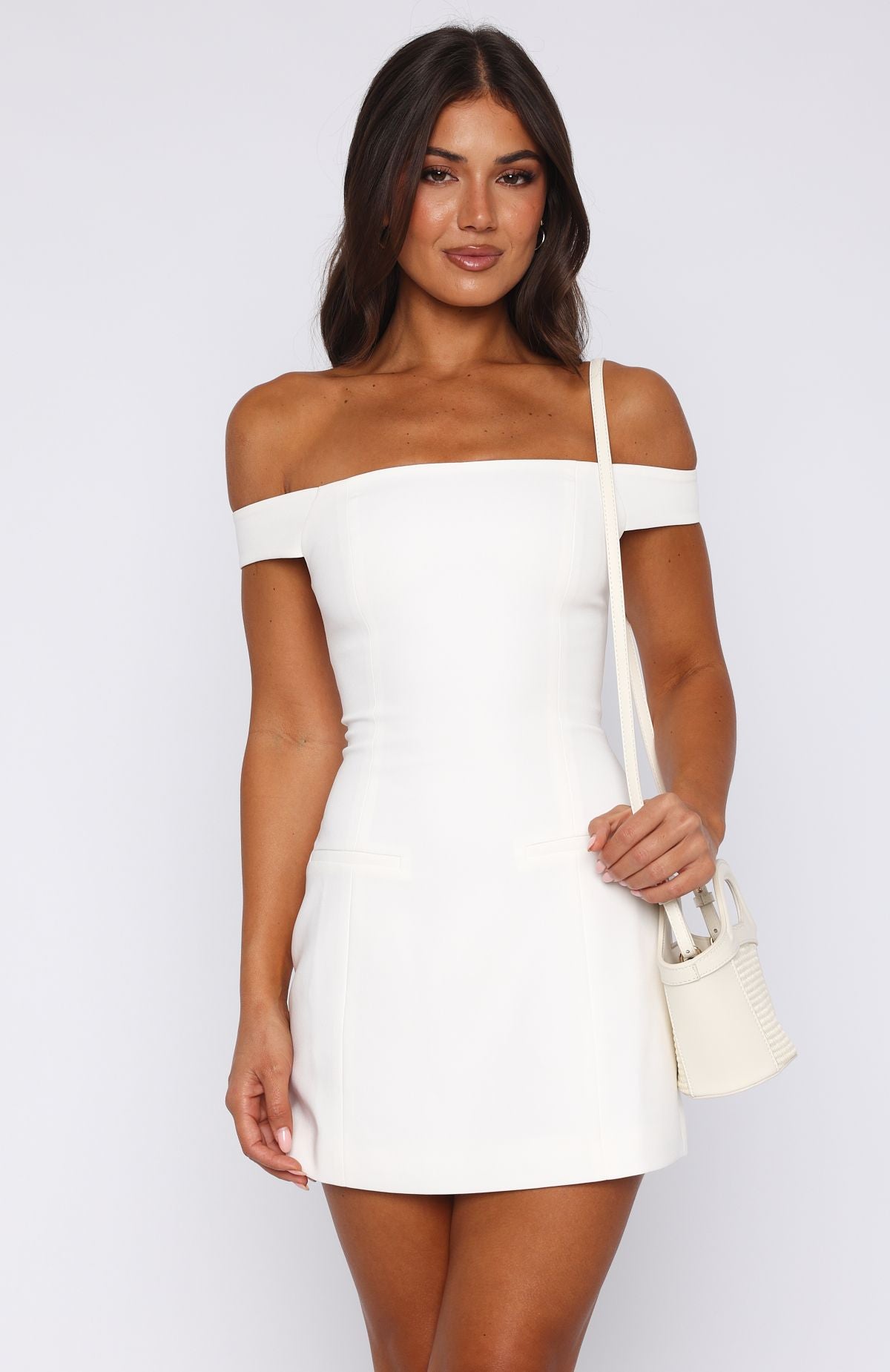 Private Planes Off Shoulder Mini Dress White Private Planes Off Shoulder Mini Dress White
