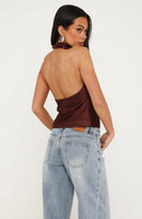 Watch And Learn Satin Halter Top Dark Chocolate