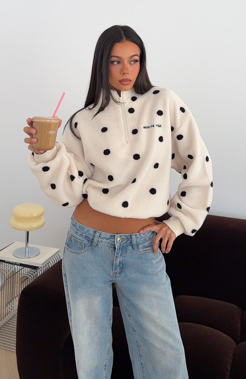 We'll Figure It Out Fleece Quarter Zip Sweater Cream Polka Dot