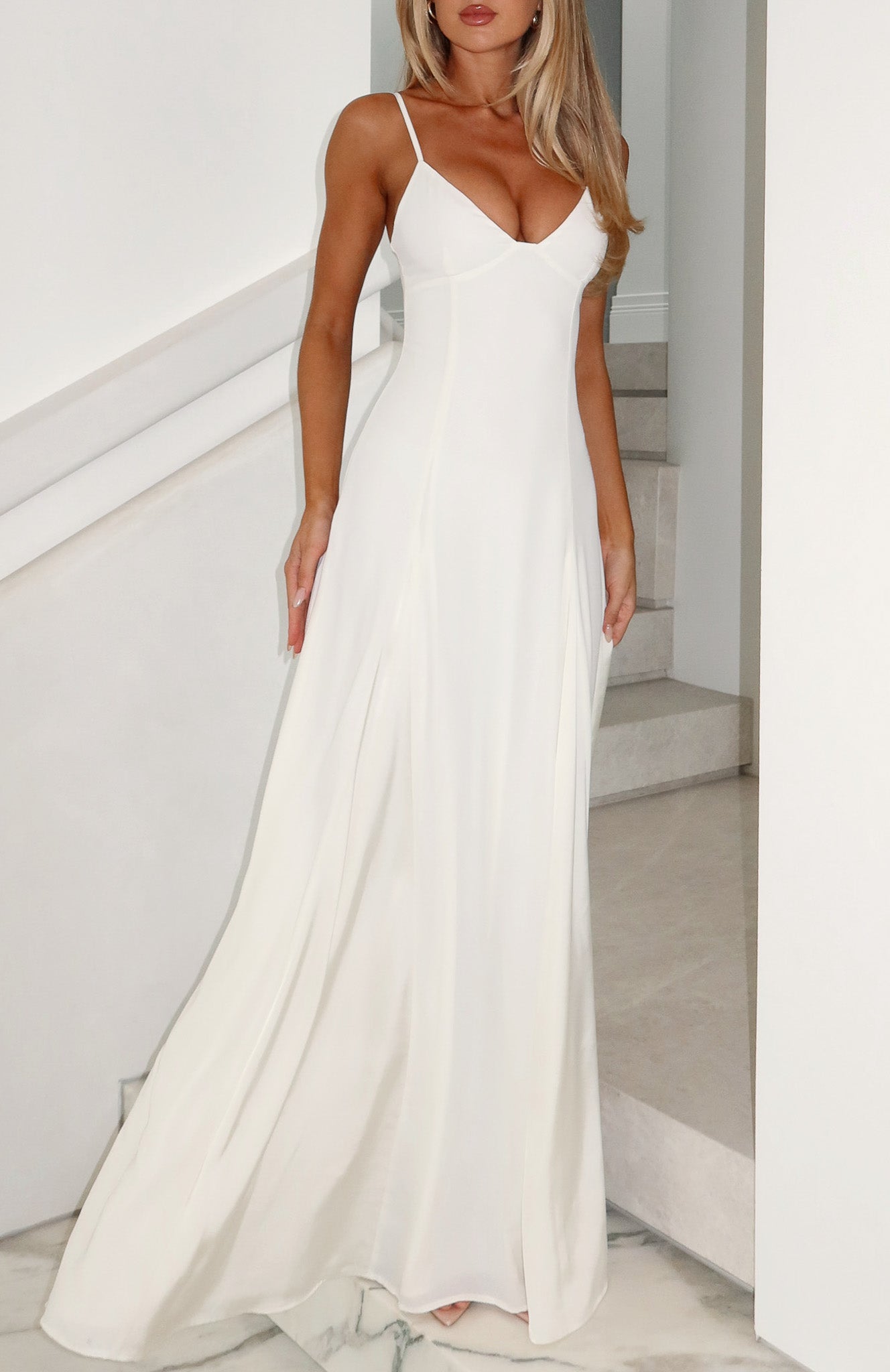 evening maxi dresses white A-line Straps Champagne Long Prom Dress With Flower Modest Evening Dre –  SELINADRESS