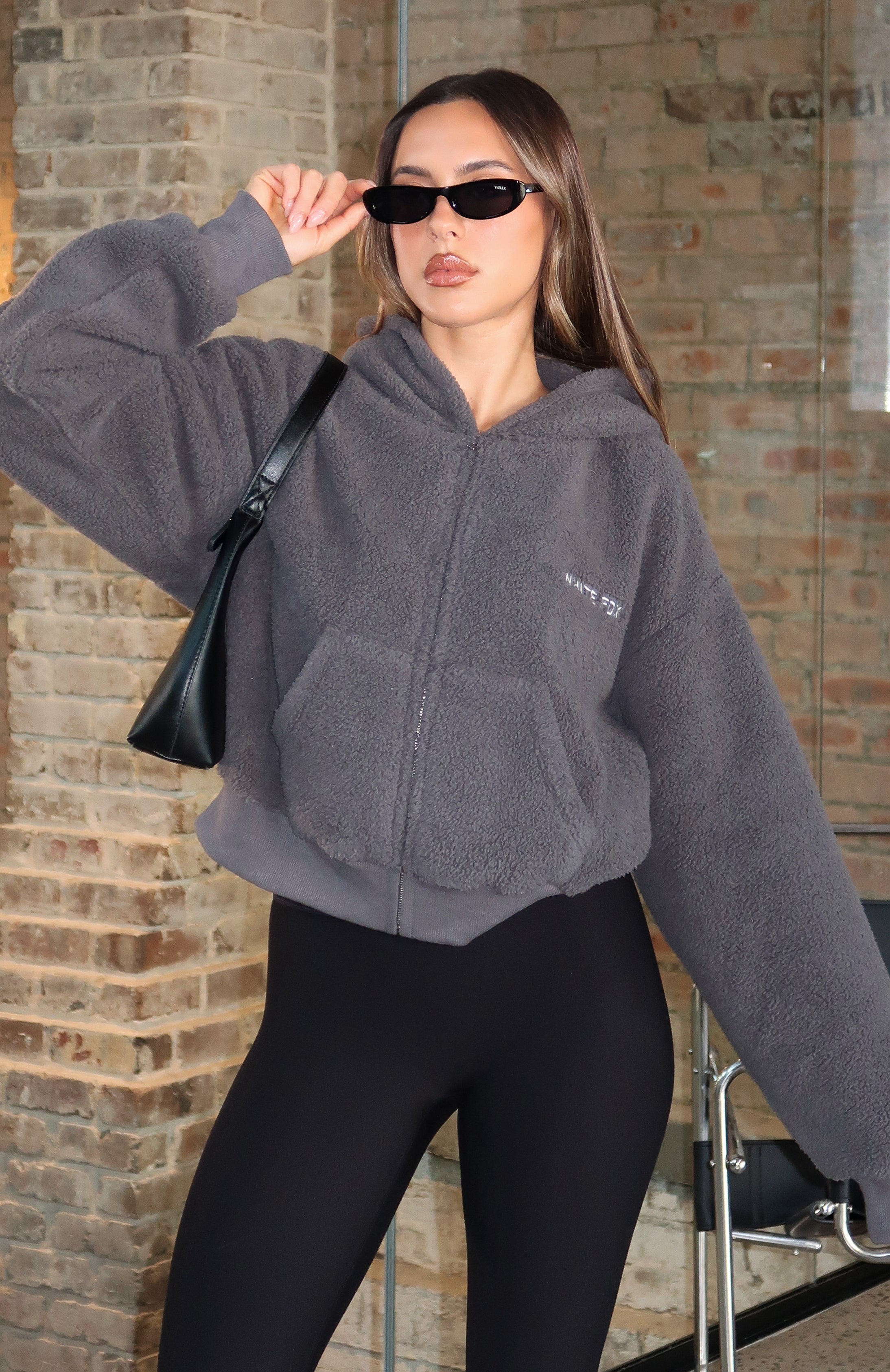 Always First Teddy Borg Boxy Zip Front Hoodie Charcoal | White Fox
