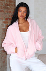 Always First Teddy Borg Boxy Zip Front Hoodie Pink