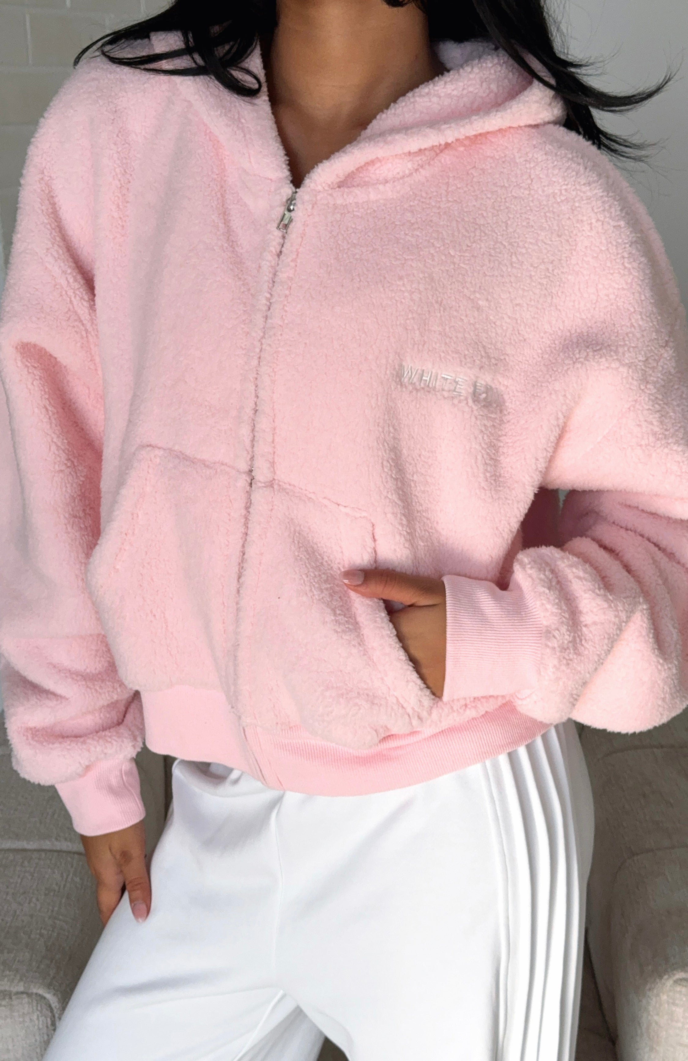 Always First Teddy Borg Boxy Zip Front Hoodie Pink | White Fox