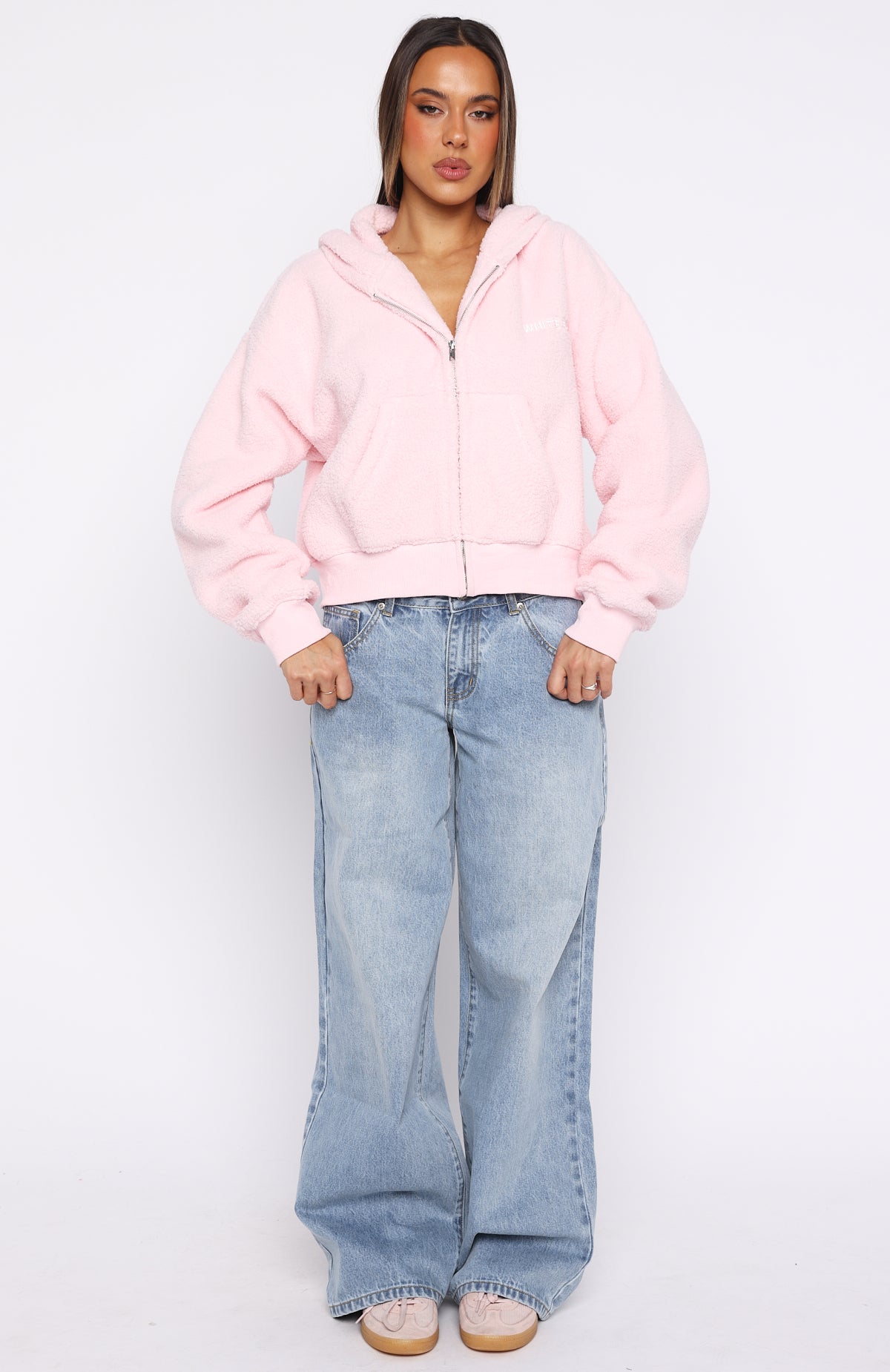 Always First Teddy Borg Boxy Zip Front Hoodie Pink | White Fox