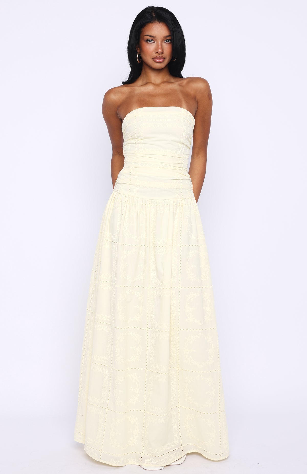 butter yellow strapless maxi dress Bittersweet Babe Strapless Broderie Maxi Dress Butter