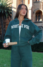 Brand New Start Boxy Zip Front Hoodie Forest Green | White