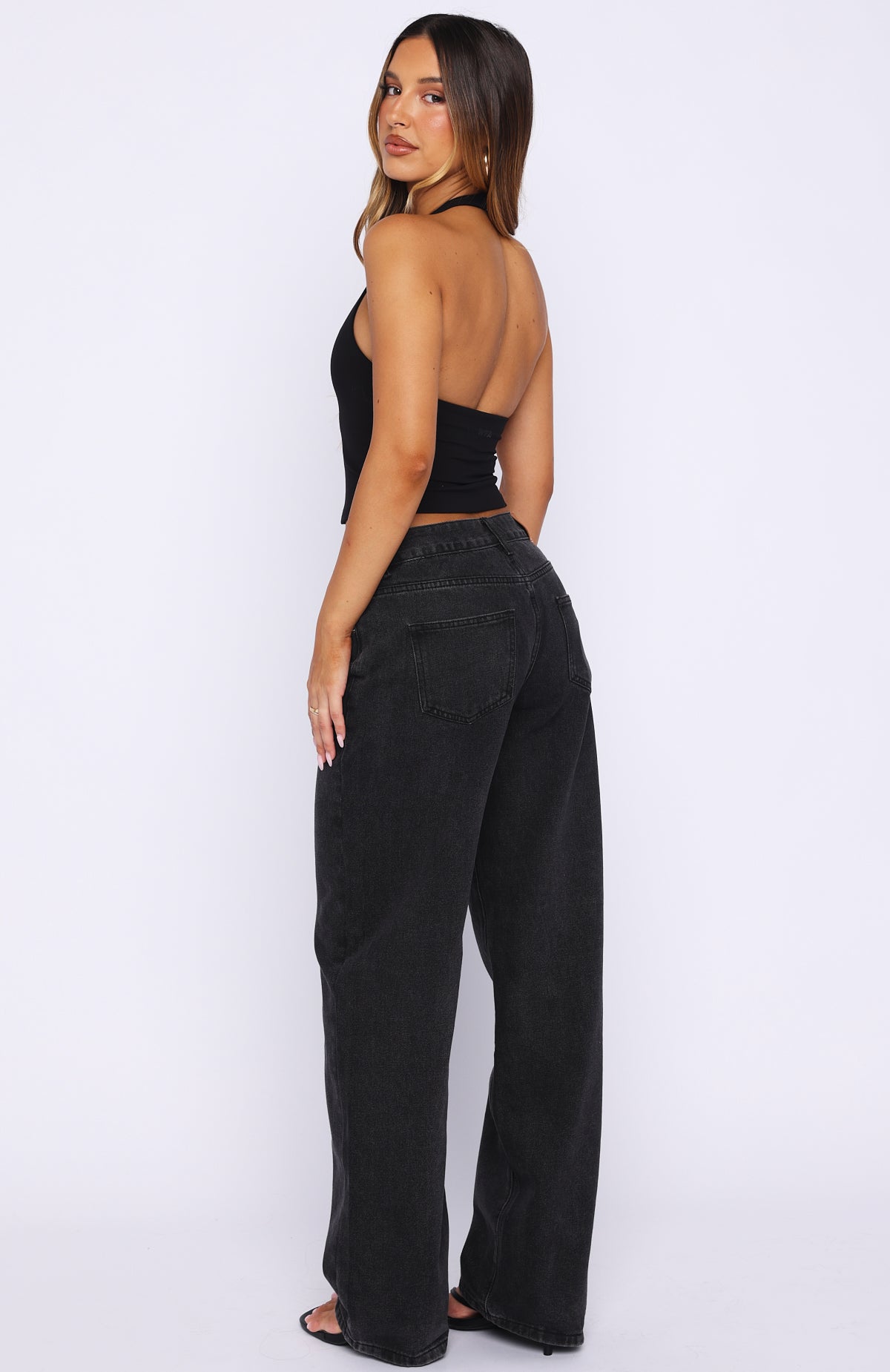 Bring The Style Low Rise Wide Leg Jeans Black Acid Wash | White