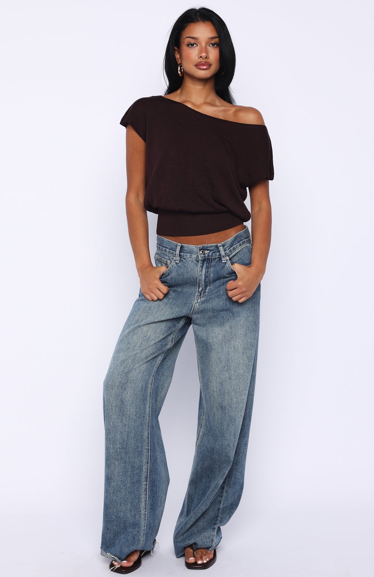 Can't Change My Mind Off Shoulder Cinched Top Chocolate | White