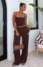 Causing Commotion Terry Wide Leg Sweatpants Chocolate | White Fox