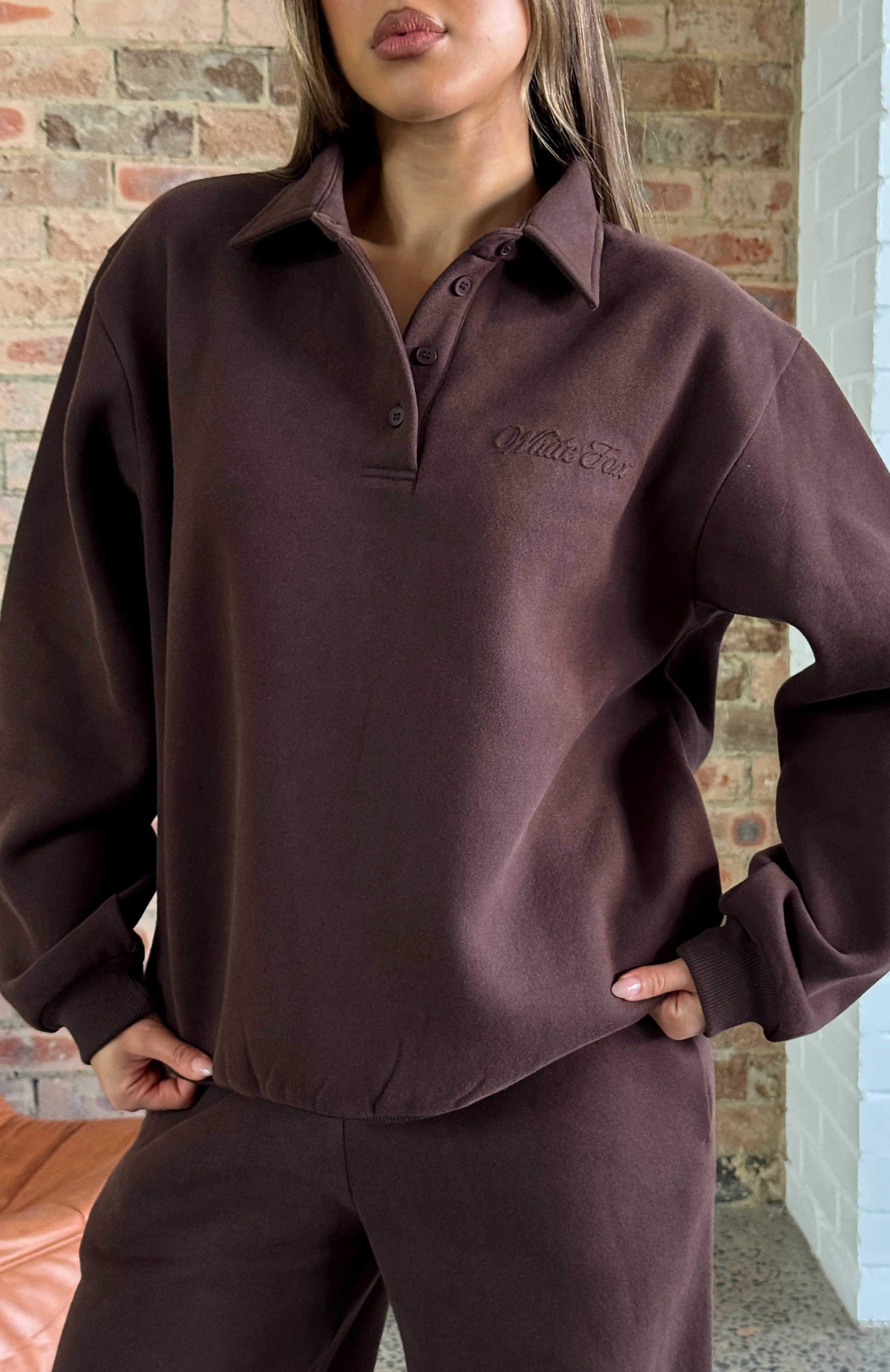 Chill Moves Oversized Henley Sweater Chocolate | White Fox Boutique US