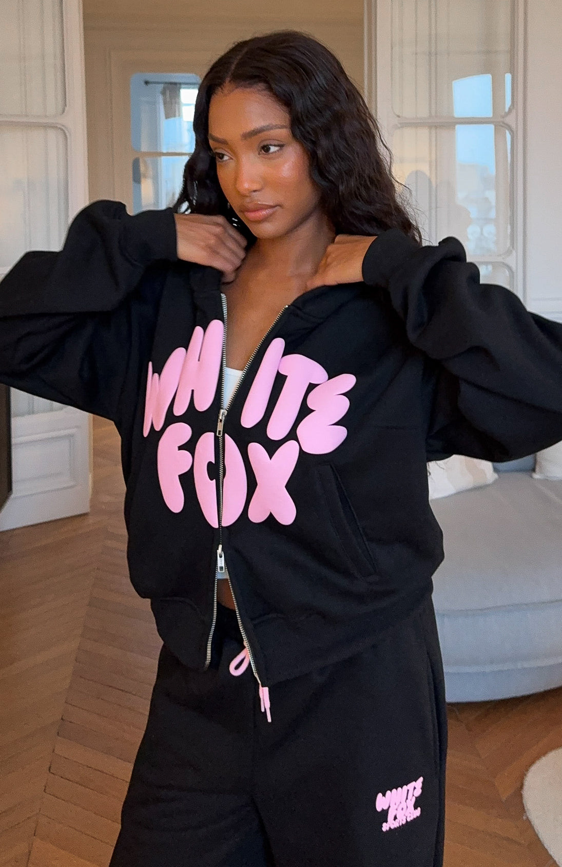 Club 14 Allie Boxy Zip Front Hoodie Black | White Fox Boutique US