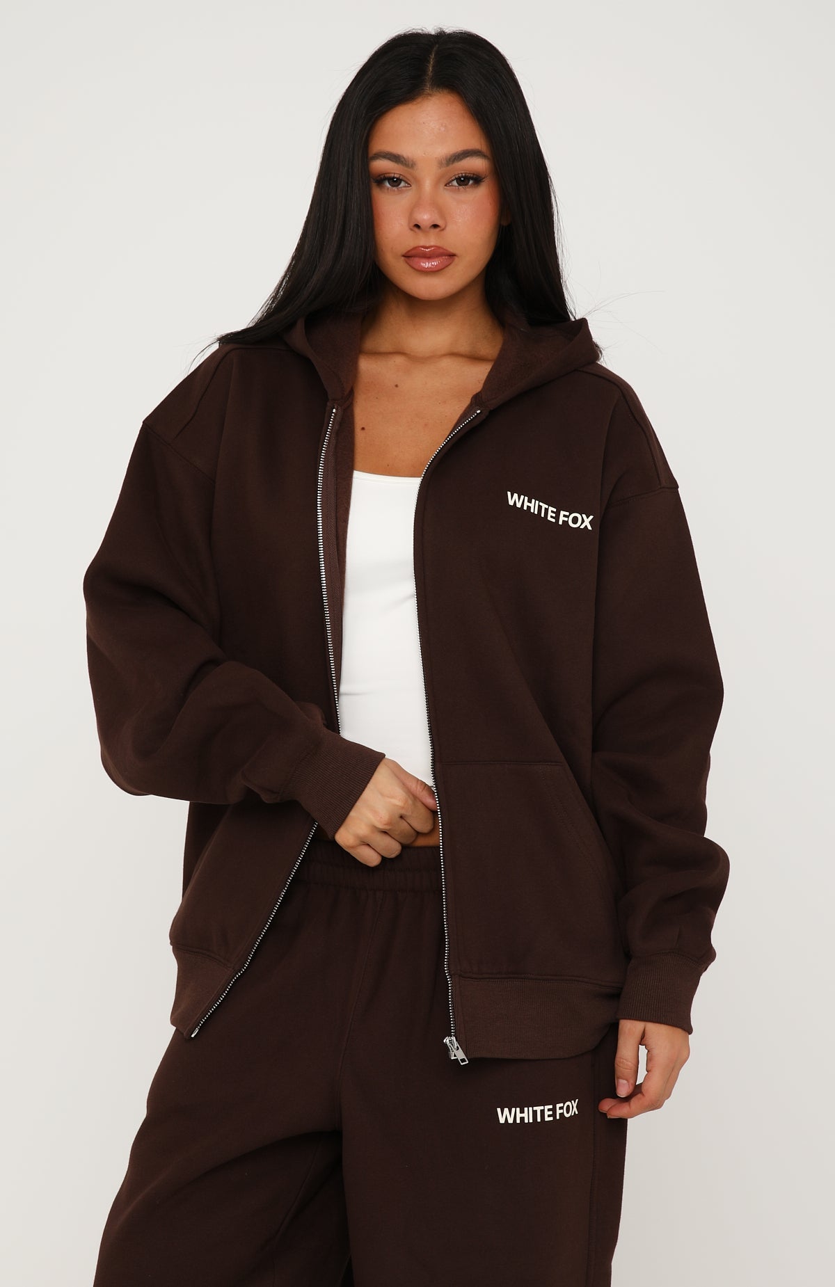 Core Classic Zip Front Hoodie Chocolate | White Fox Boutique US