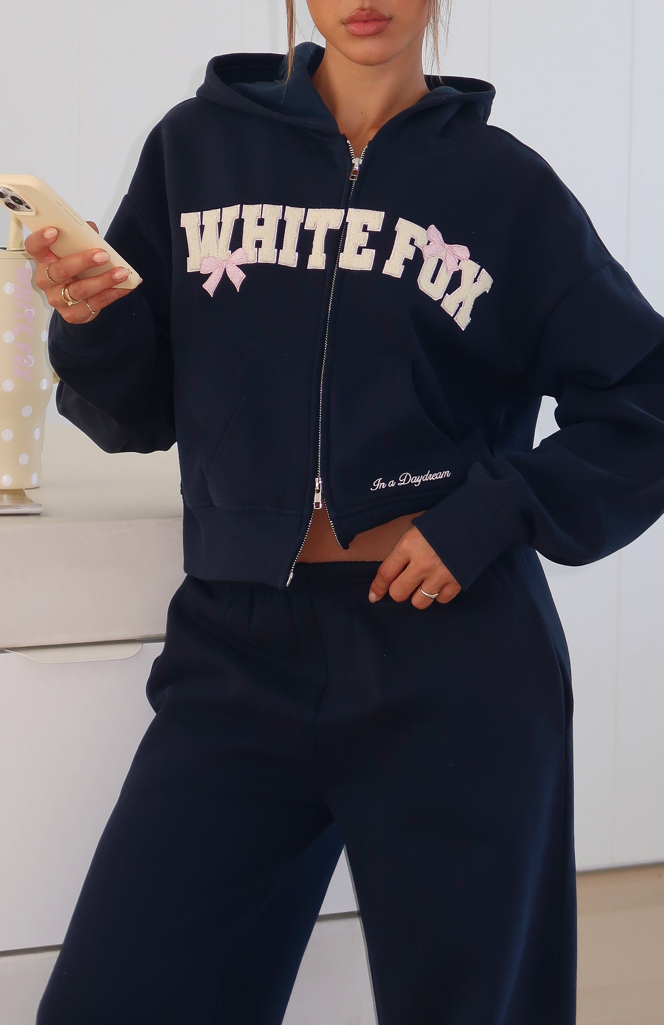 Daydreamers Madeline Boxy Zip Front Hoodie Navy | White Fox