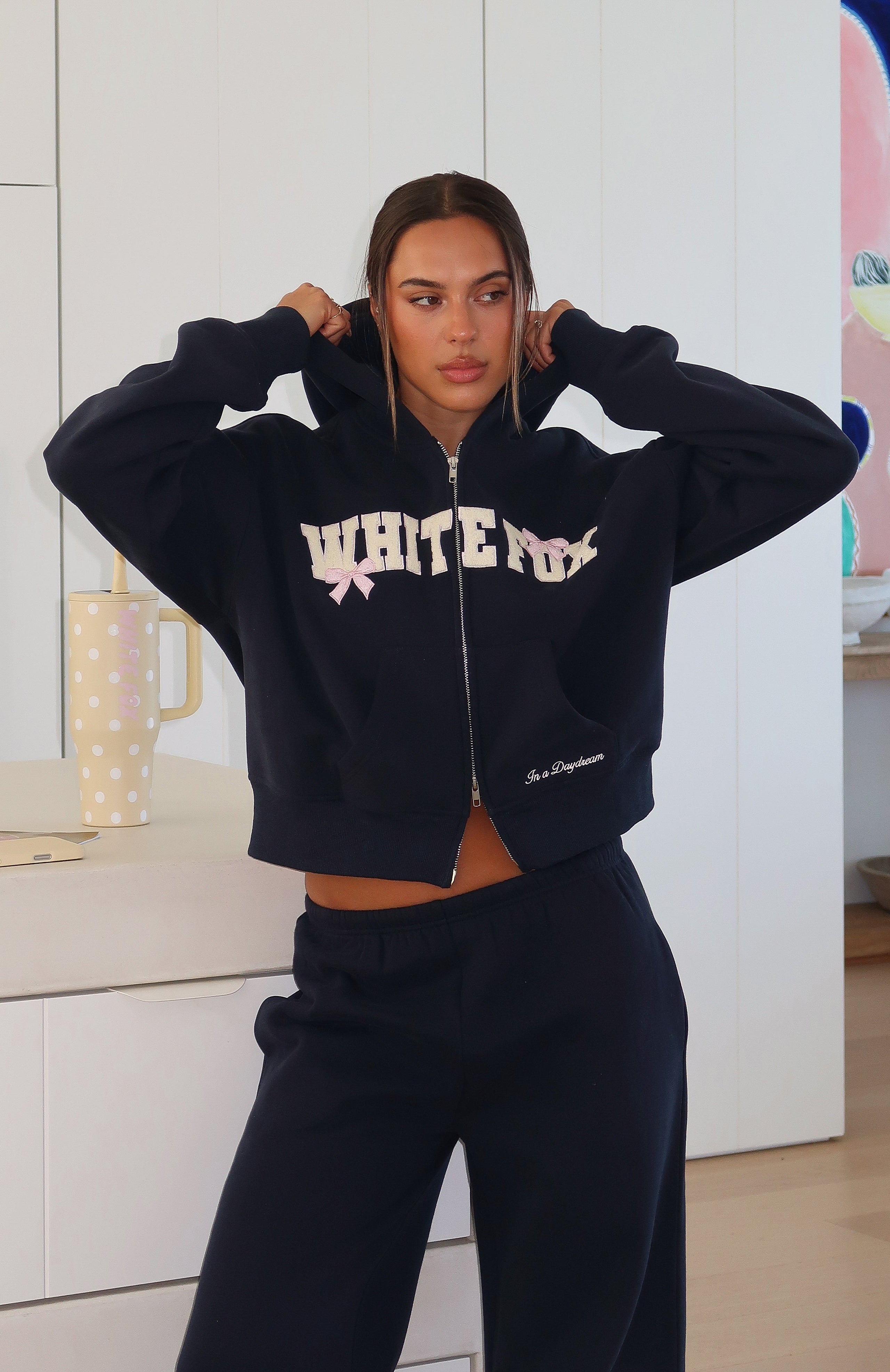 Daydreamers Madeline Boxy Zip Front Hoodie Navy | White Fox