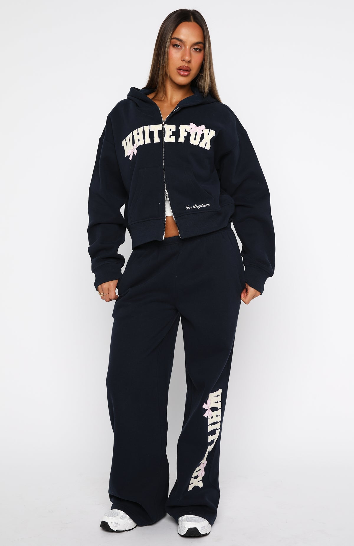 Daydreamers Madeline Boxy Zip Front Hoodie Navy | White Fox