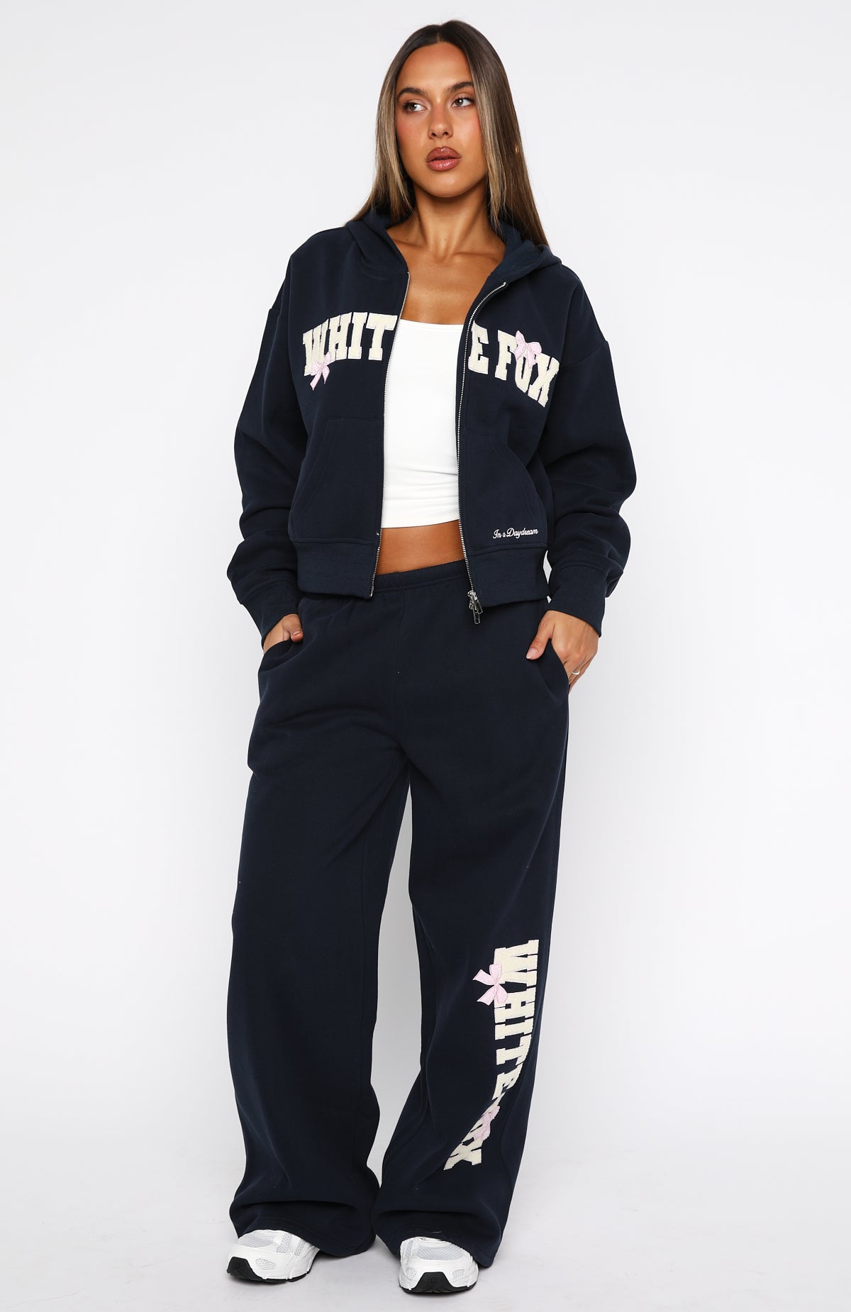 Daydreamers Madeline Boxy Zip Front Hoodie Navy | White Fox