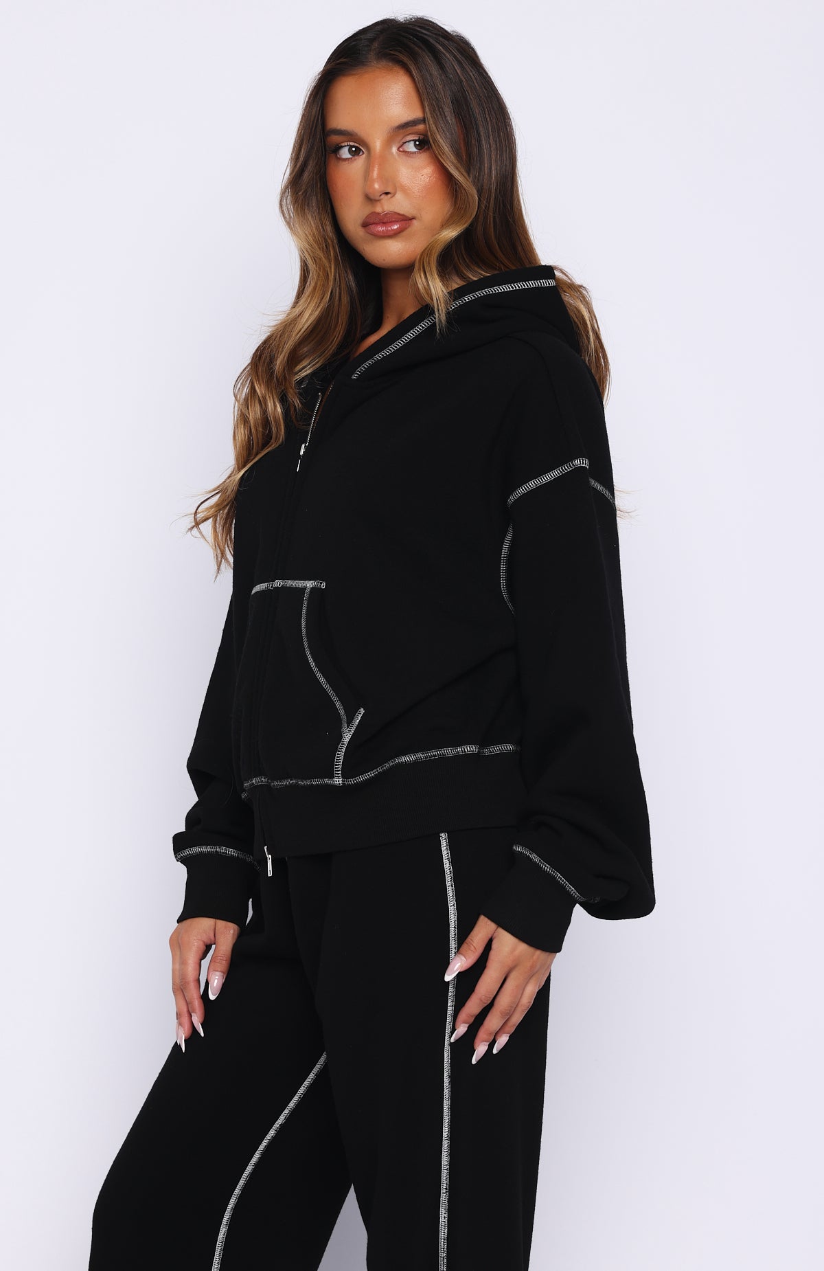 Flashing By Boxy Zip Front Hoodie Black | White Fox Boutique US