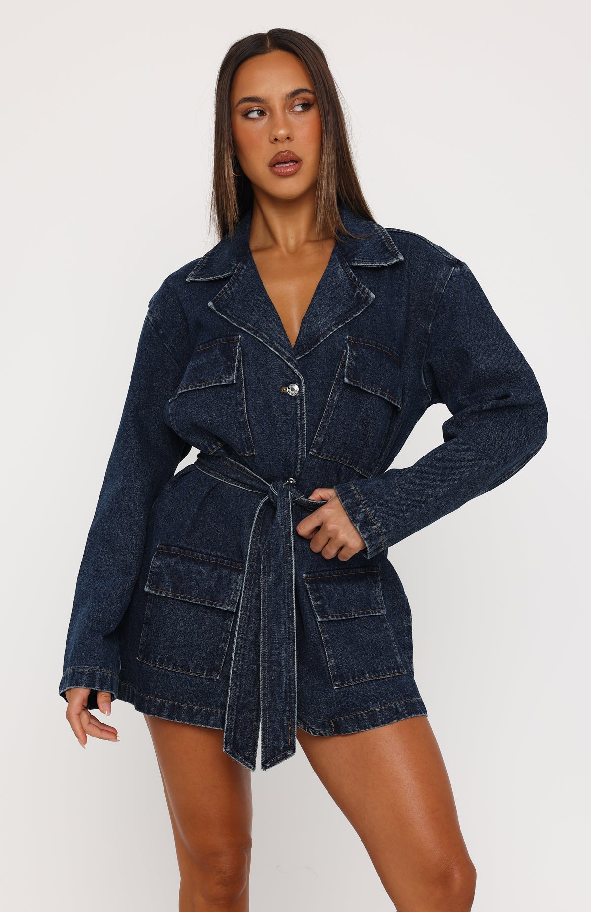 Freefall Romance Long Sleeve Denim Dress Dark Blue Wash