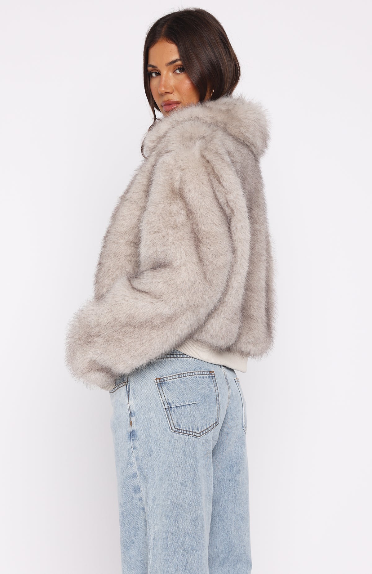 Hooded Eco Fur Jacket Greige 2025 Hooded Faux Fur Jacket - Grey 