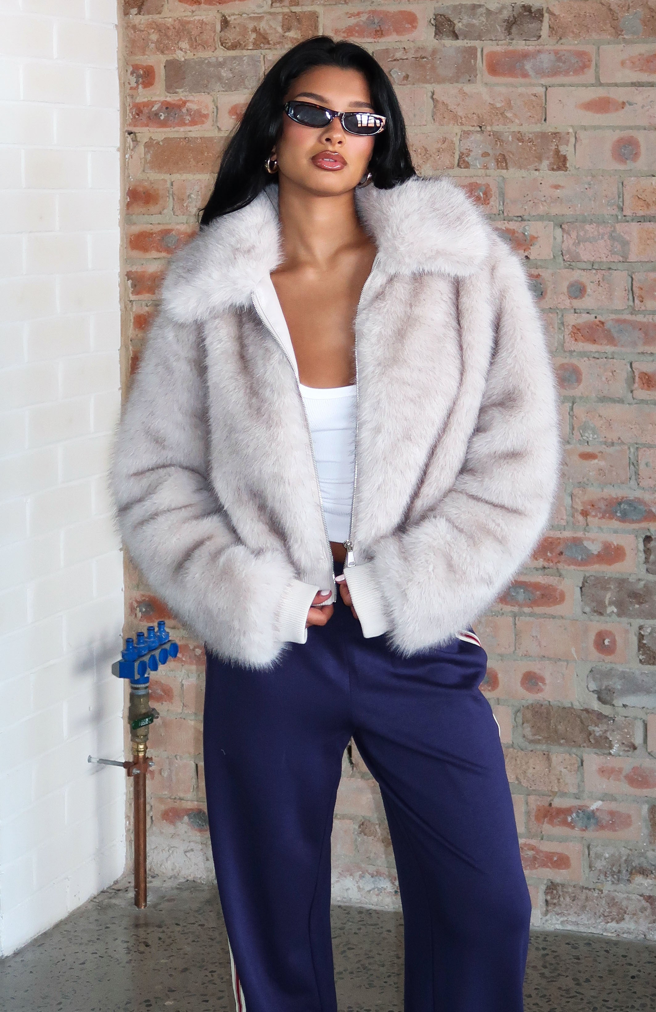 Glacial Chic Faux Fur Bomber Jacket Smokey Taupe | White Fox