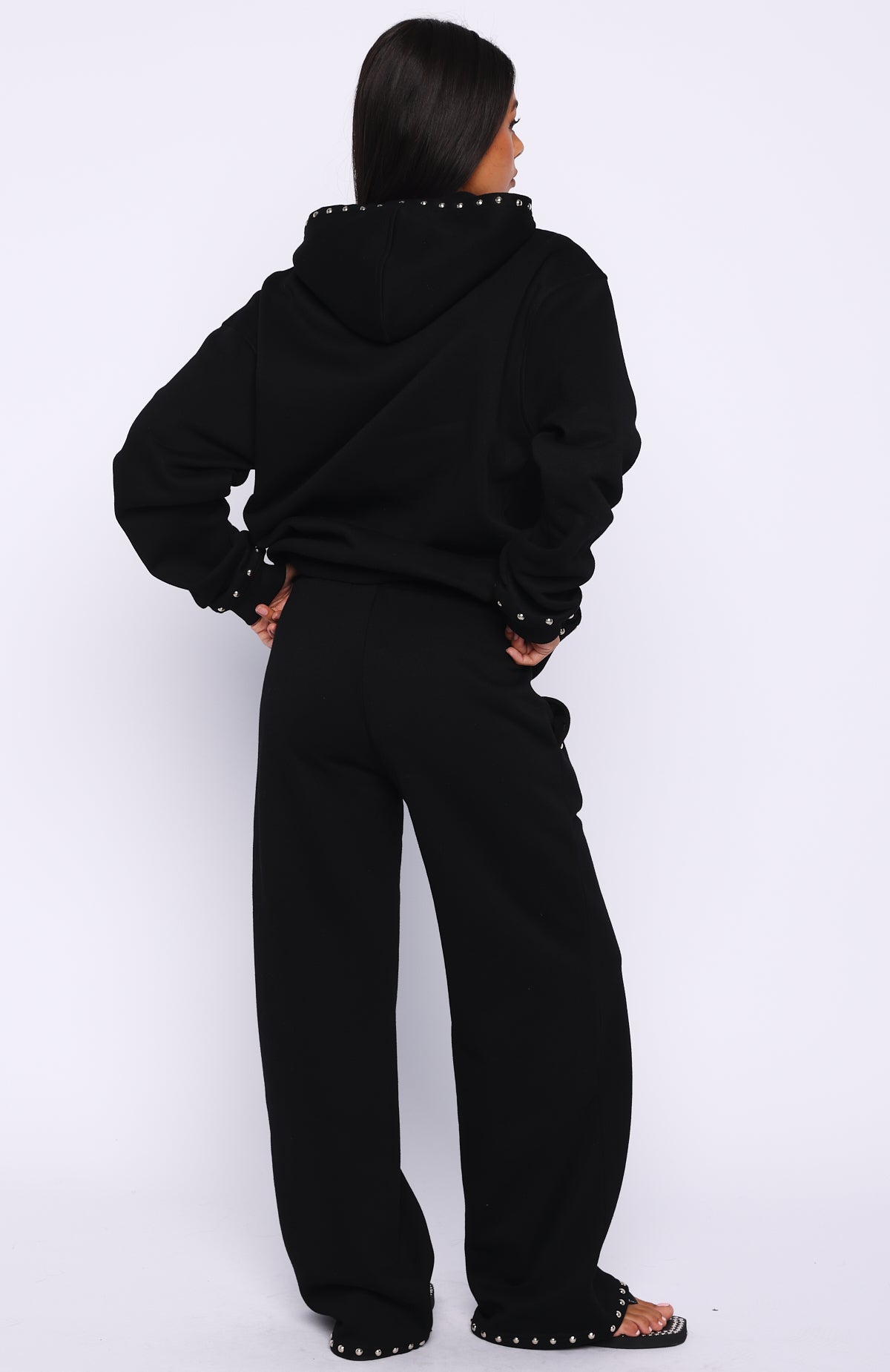 Glow Your Own Way Studded Wide Leg Sweatpants Black | White Fox