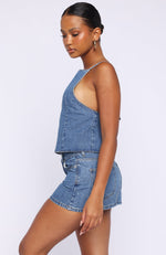 Happiness Is Key Mid Rise Denim Mini Skirt Admiral Blue | White