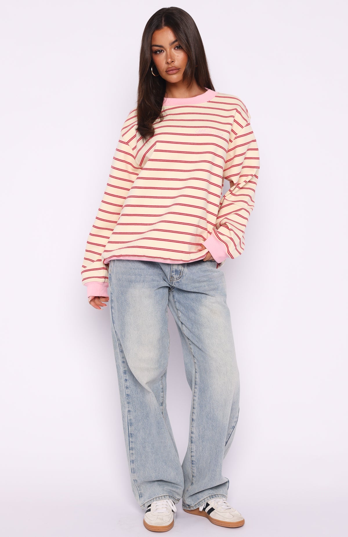 Happy Go Lucky Oversized Sweater Cream/Red Stripe | White Fox 