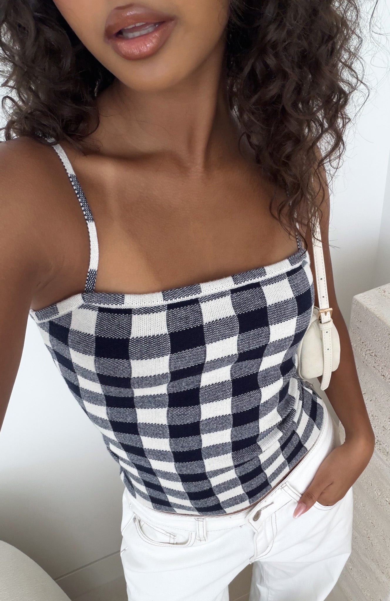 Iconic Duo Knit Cami Top Navy/Cream Gingham | White Fox Boutique US