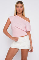 In A Spiral Cinched Waist Off Shoulder Knit Top Pink