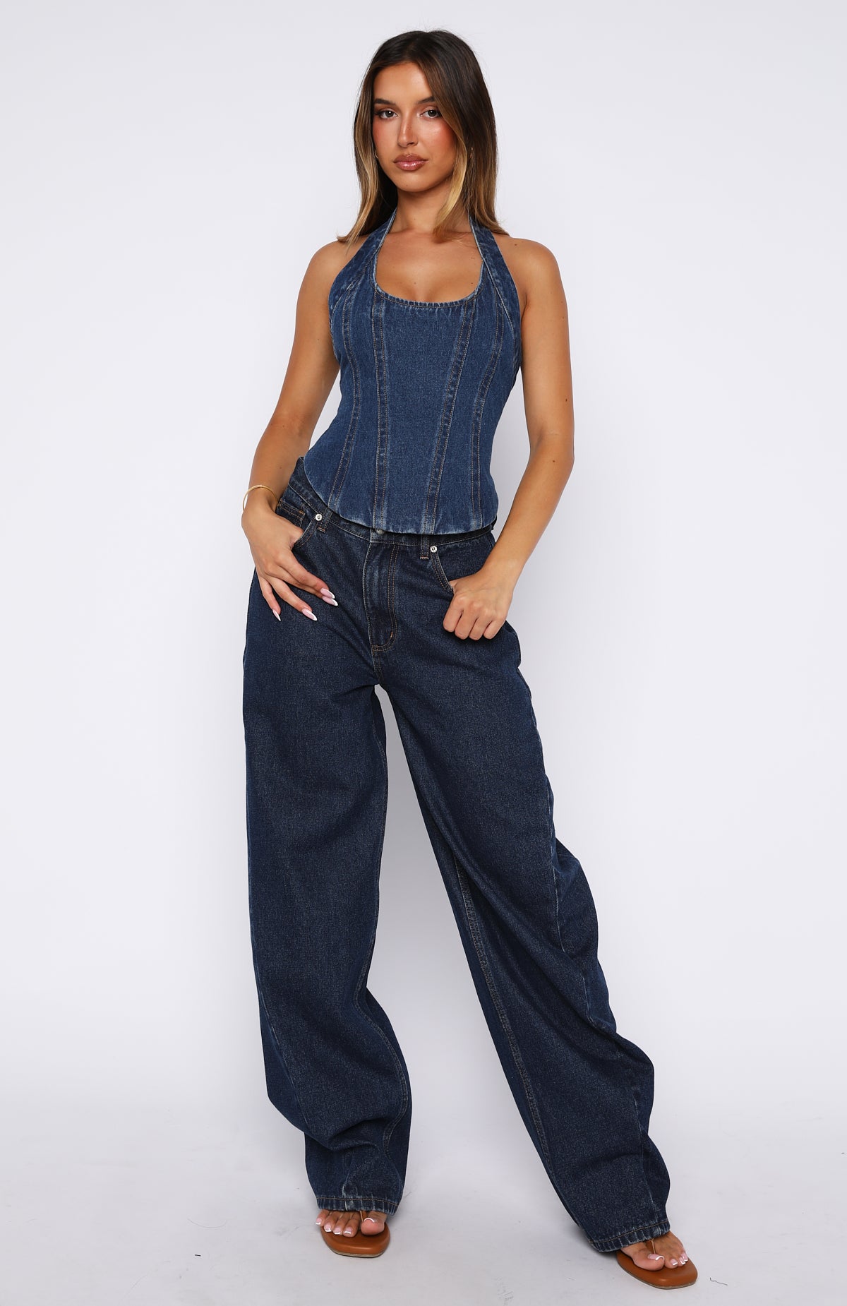 In Your Corner Denim Halter Top Dark Blue Wash | White Fox Boutique US