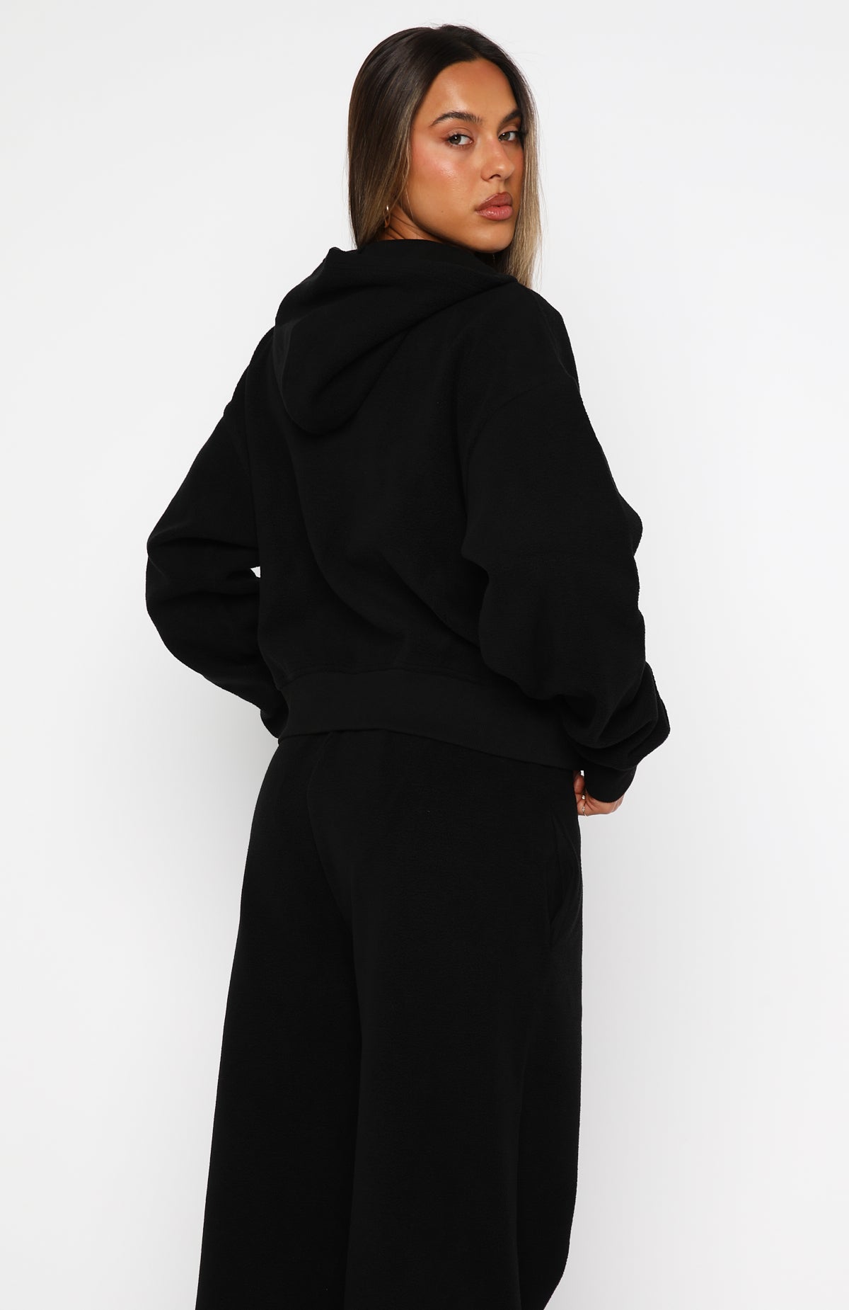 Just For Now Fleece Boxy Zip Front Hoodie Black | White Fox