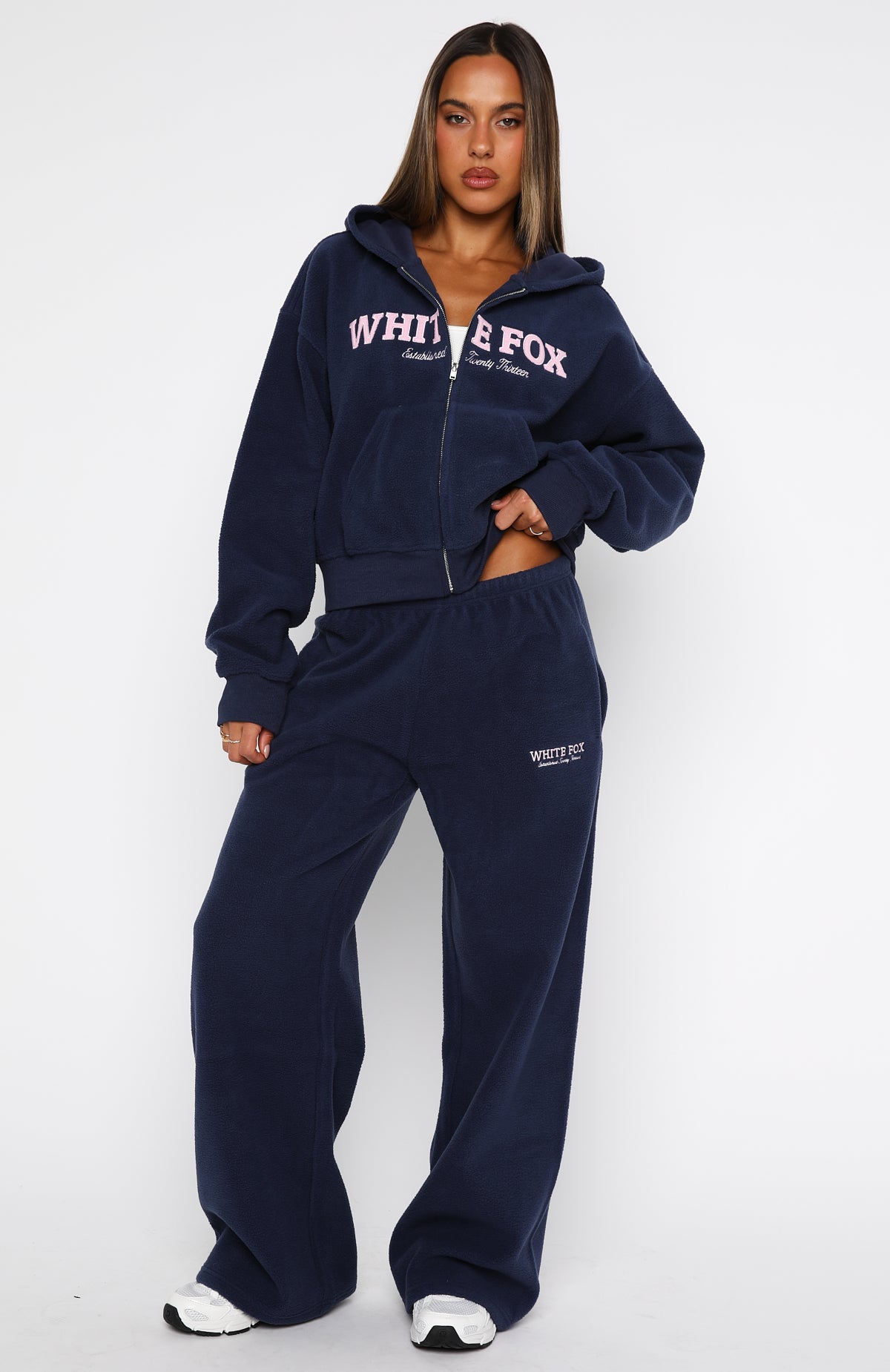 Just For Now Fleece Boxy Zip Front Hoodie Navy | White Fox Boutique US