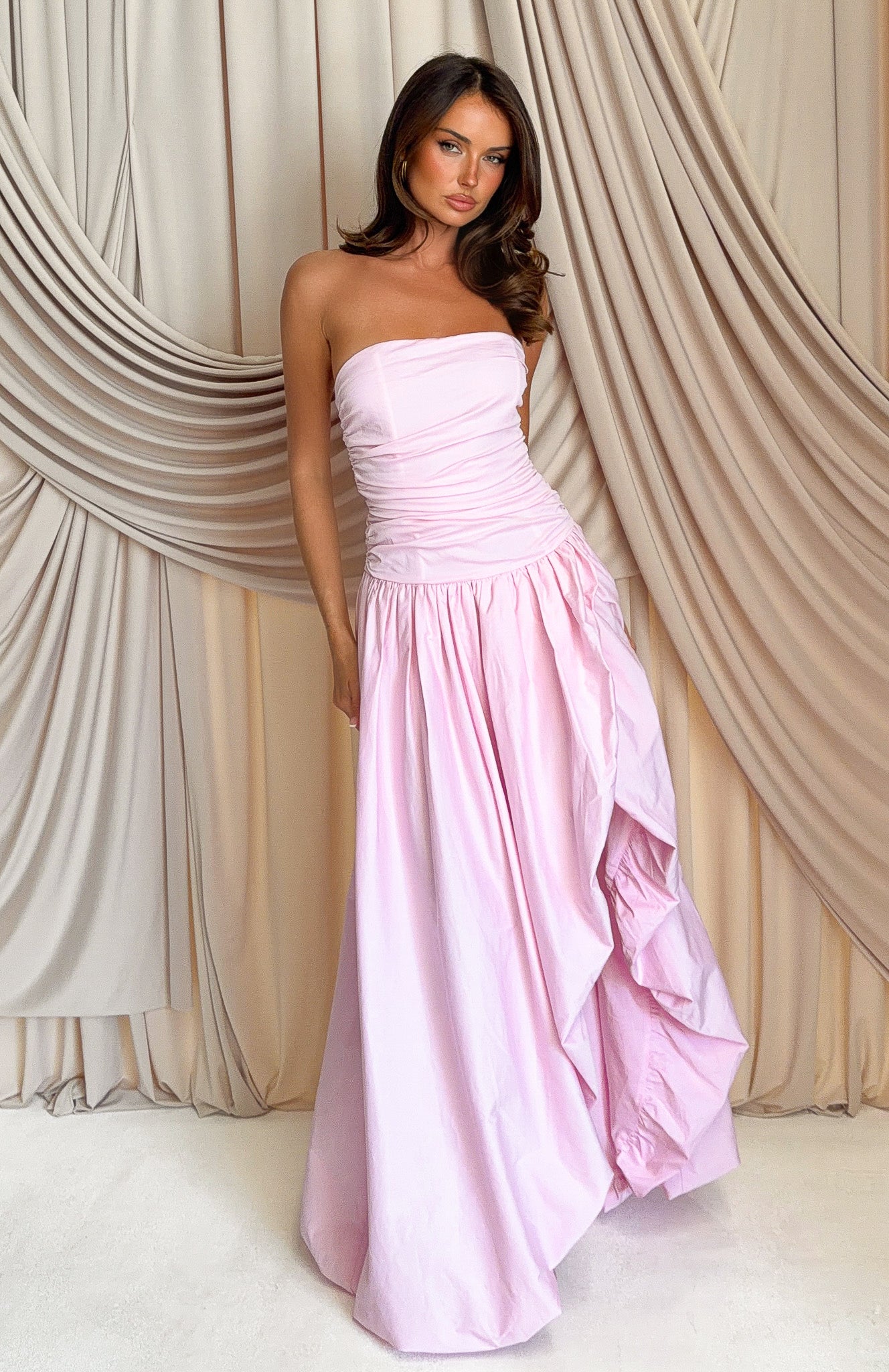 baby pink long dress Keep My Promise Strapless Maxi Dress Pink